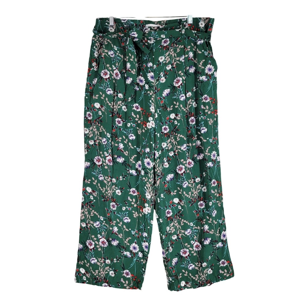 Jules & Leopold Floral Wide Leg Pants Women Large Green Tie Waist Cottage Boho